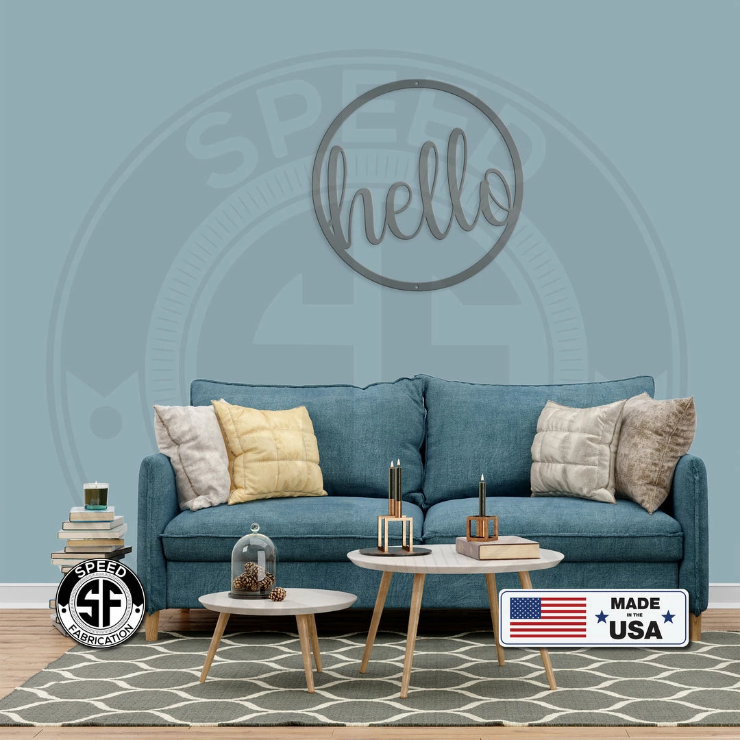 Speed Fabrication Home Decor & Gifts Outdoor Round Hello Metal Sign