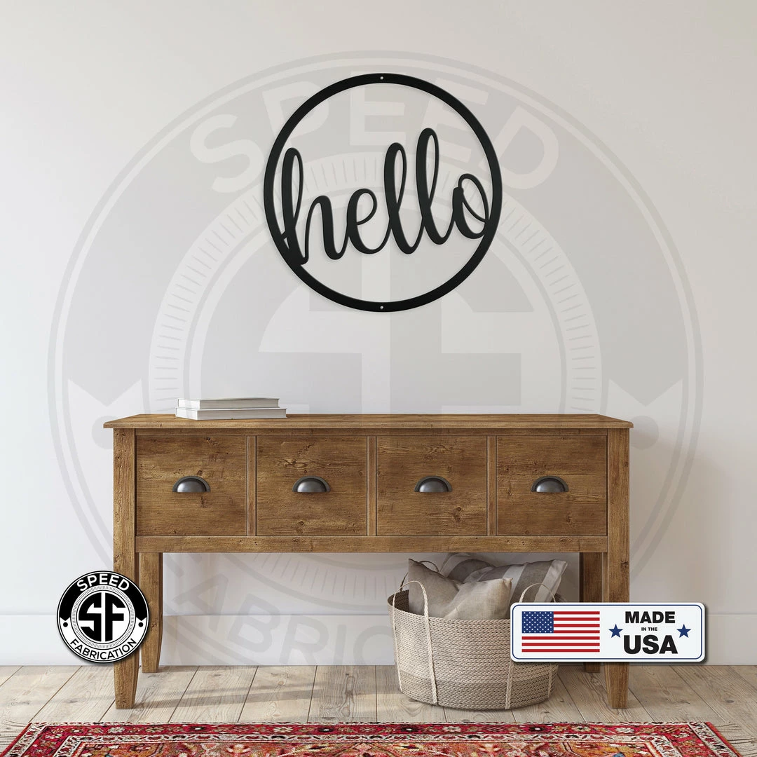 Speed Fabrication Home Decor & Gifts Outdoor Round Hello Metal Sign