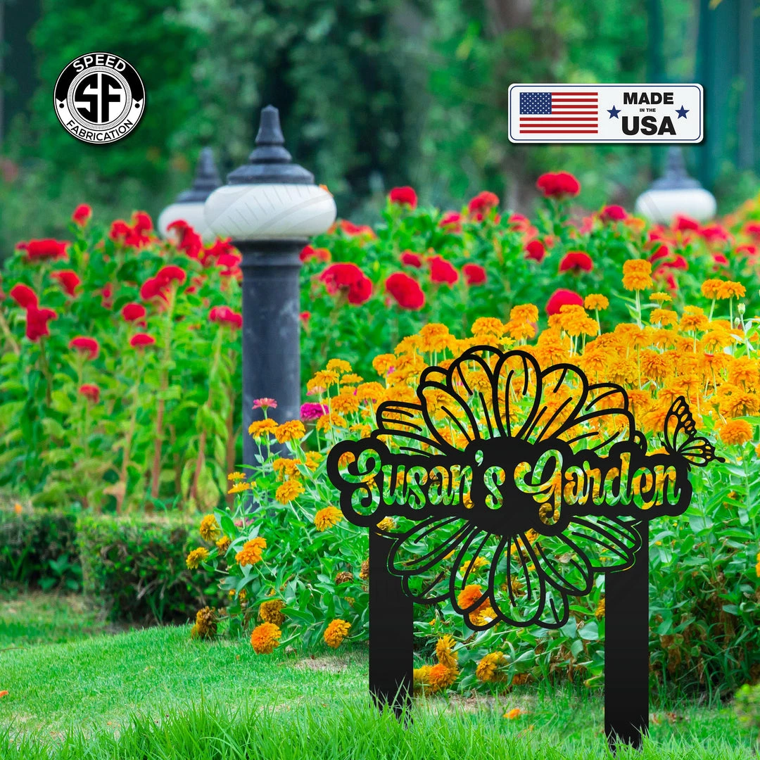 Speed Fabrication Personalized Flower And Butterfly Garden Metal Yard Stake Sign