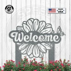 Speed Fabrication Flower And Butterfly Welcome Metal Yard Stake Sign