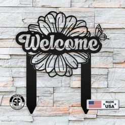Speed Fabrication Flower And Butterfly Welcome Metal Yard Stake Sign