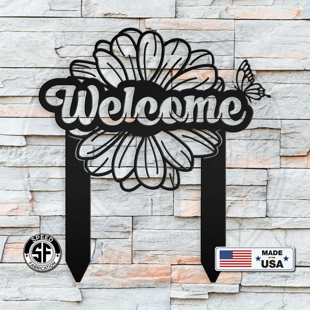 Speed Fabrication Flower And Butterfly Welcome Metal Yard Stake Sign