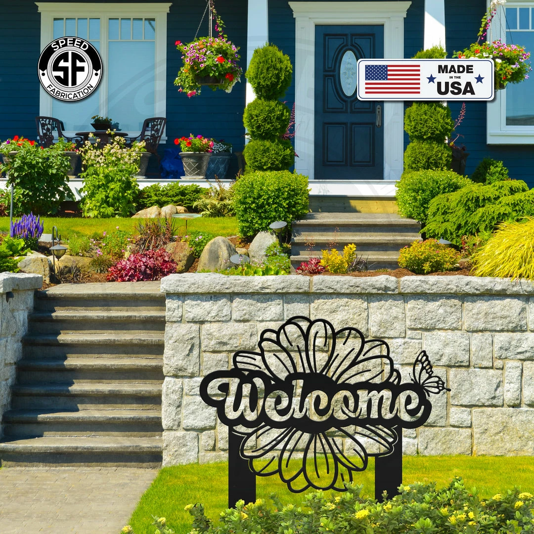 Speed Fabrication Flower And Butterfly Welcome Metal Yard Stake Sign