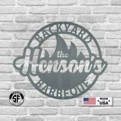 Speed Fabrication Backyard Barbeque Round With Flame And Family Name Home Decor & Gifts