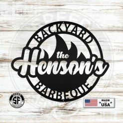 Speed Fabrication Backyard Barbeque Round With Flame And Family Name Home Decor & Gifts