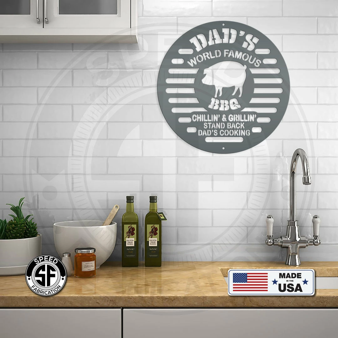 Speed Fabrication Dad's World Famous BBQ Metal Sign Outdoor Patio/Lawn Metal Signs