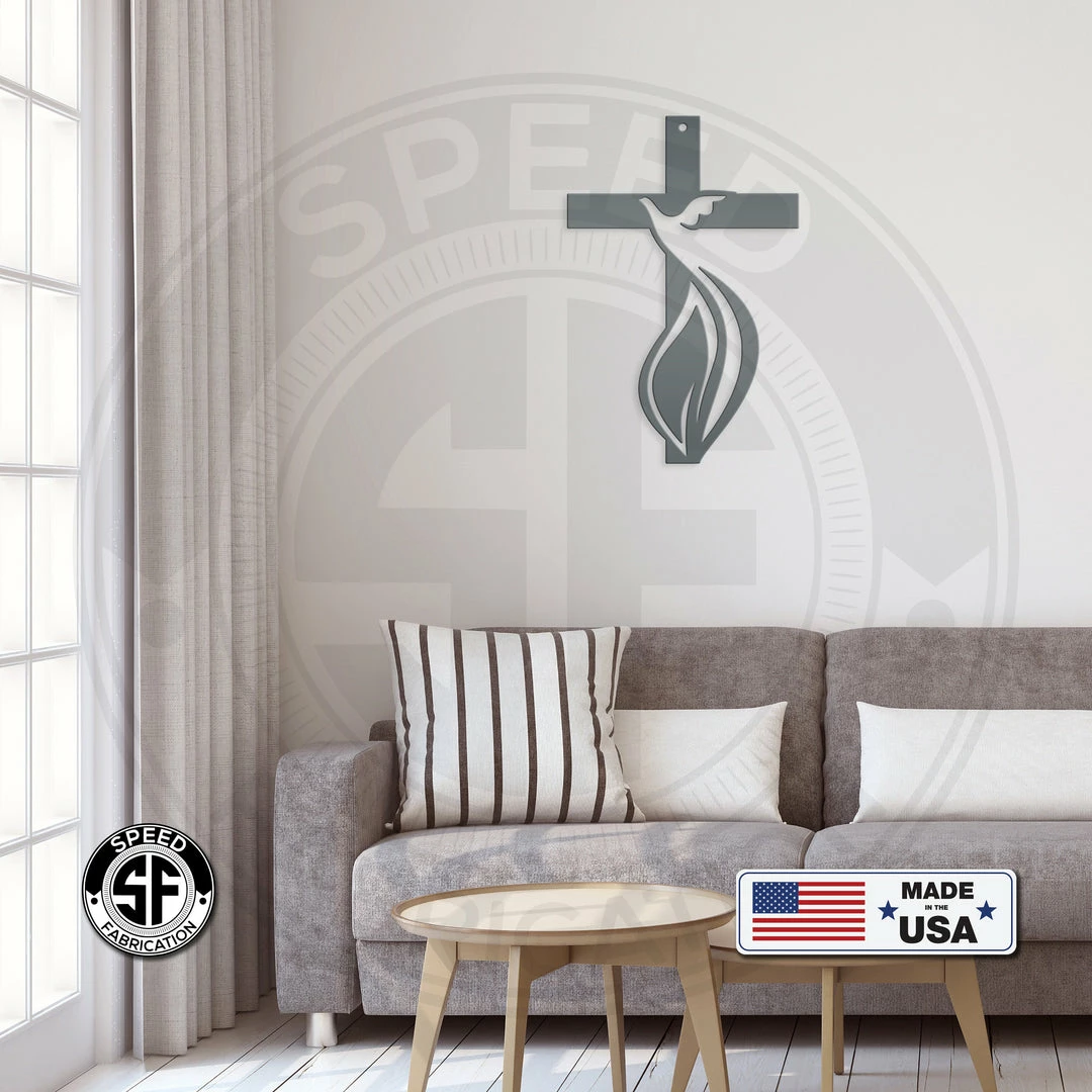 Speed Fabrication Home Decor & Gifts Cross Sign With Dove And Flame