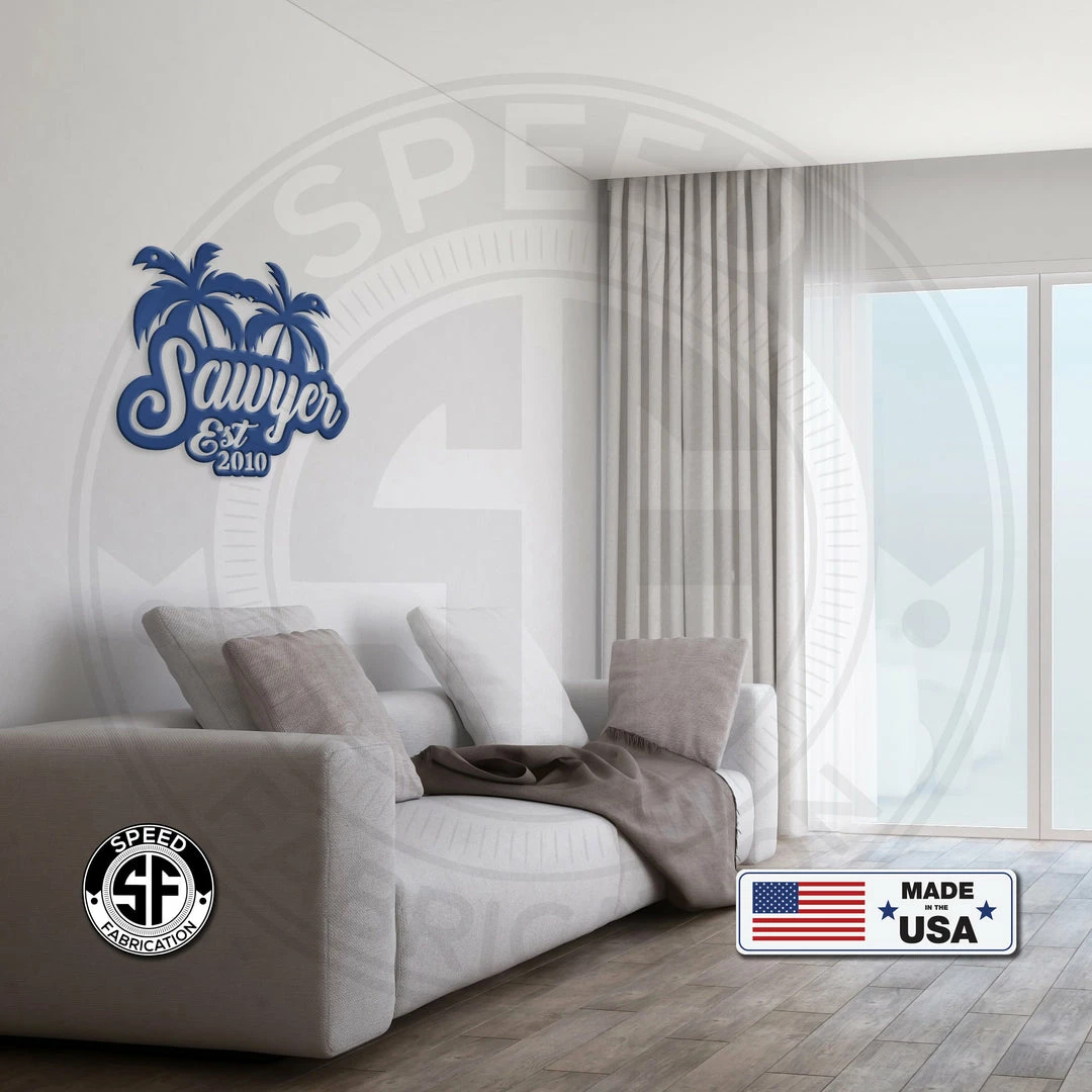 Speed Fabrication Most Popular Personalized Palm Tree Monogram With Established Date Metal Sign