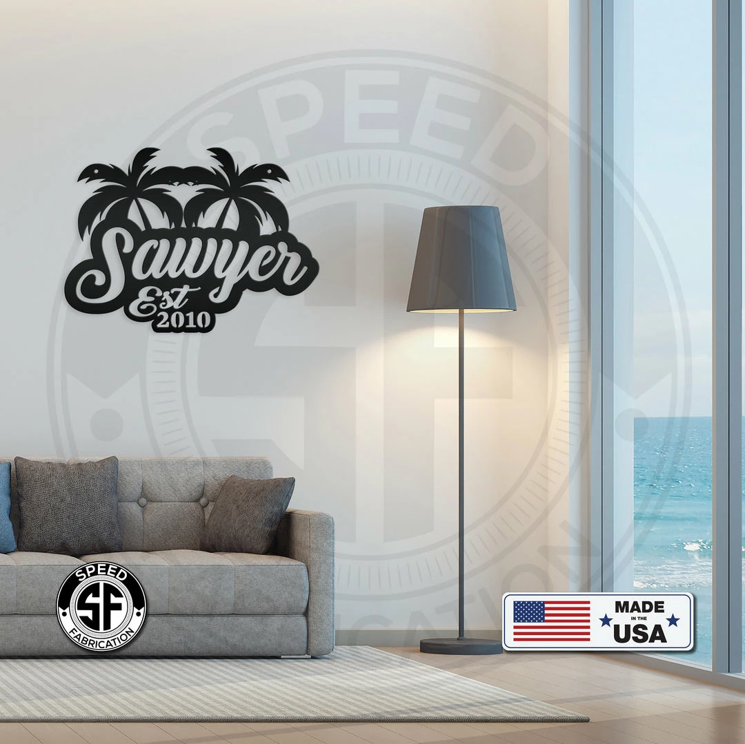 Speed Fabrication Most Popular Personalized Palm Tree Monogram With Established Date Metal Sign