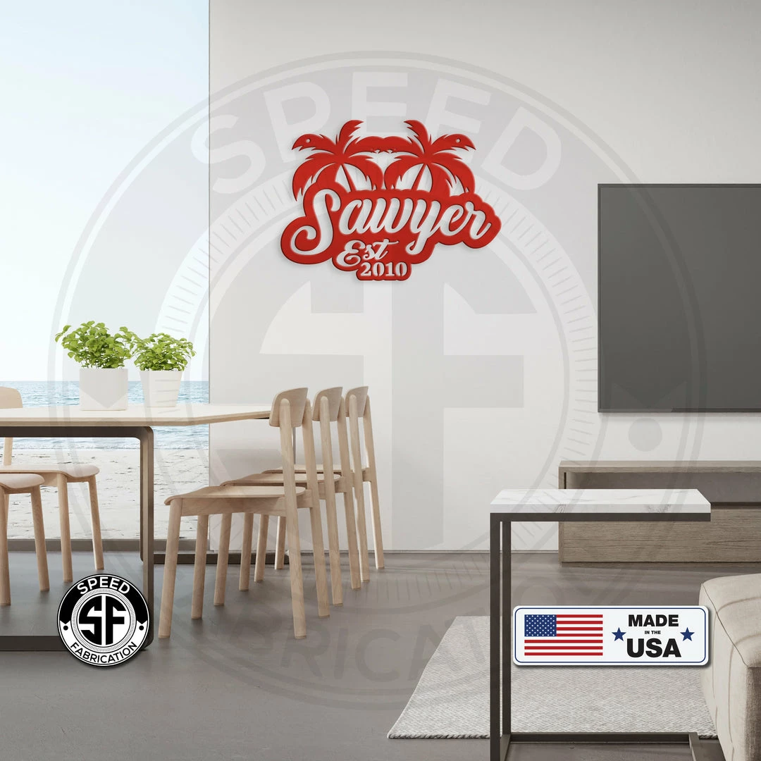 Speed Fabrication Most Popular Personalized Palm Tree Monogram With Established Date Metal Sign