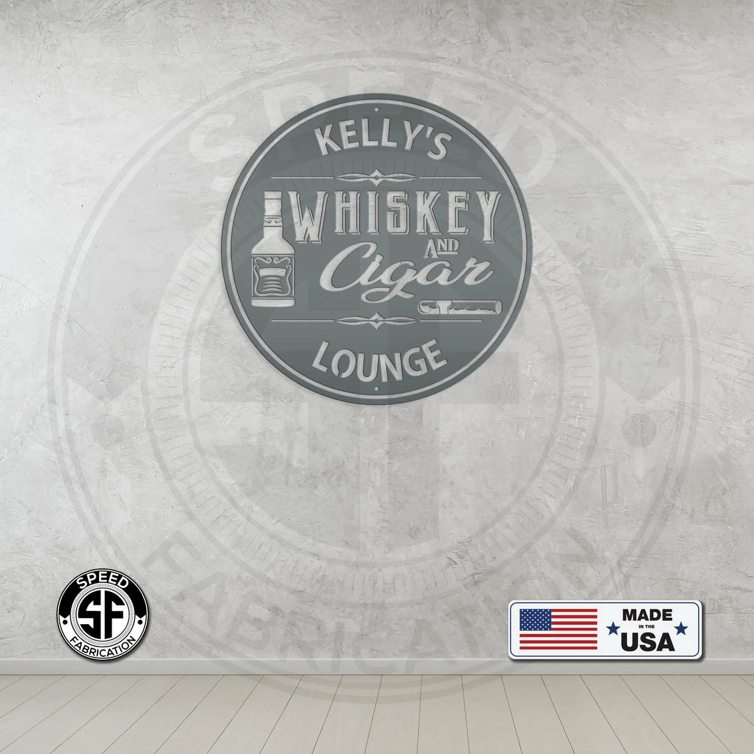 Speed Fabrication Personalized Whiskey & Cigar Lounge Metal Sign - Indoor Outdoor - Home Decor