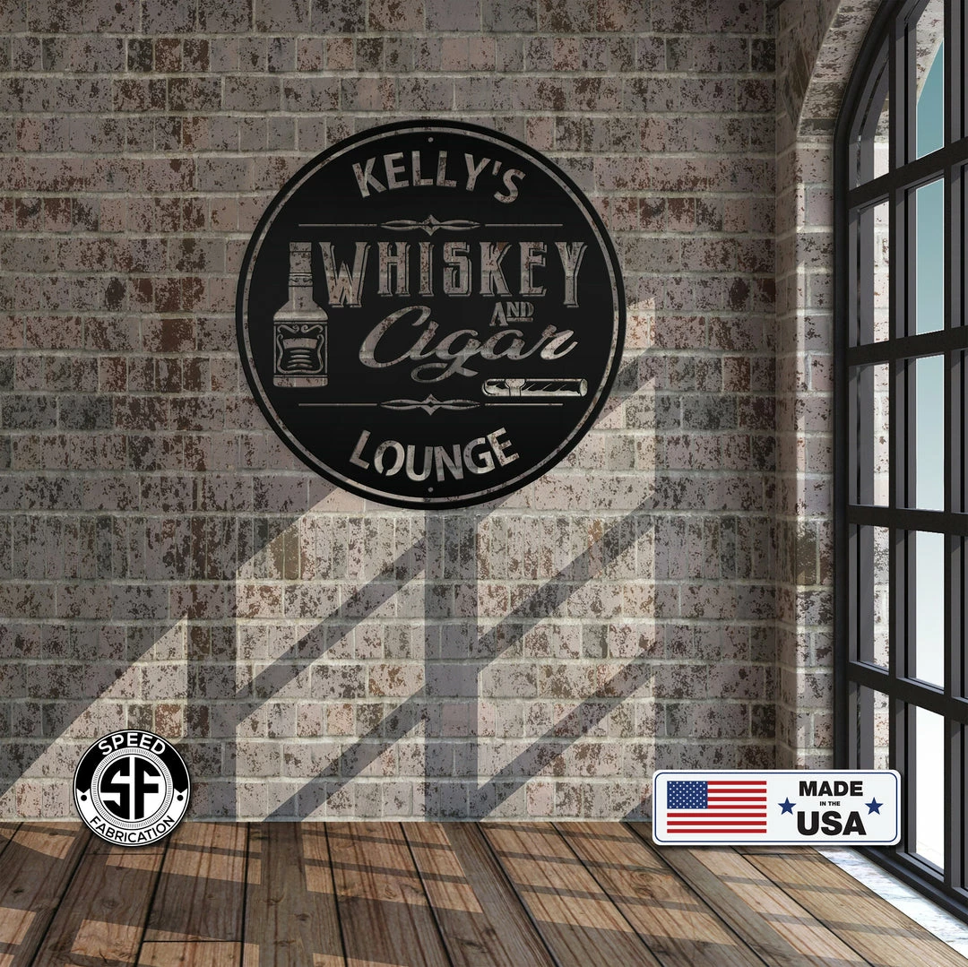 Speed Fabrication Personalized Whiskey & Cigar Lounge Metal Sign - Indoor Outdoor - Home Decor