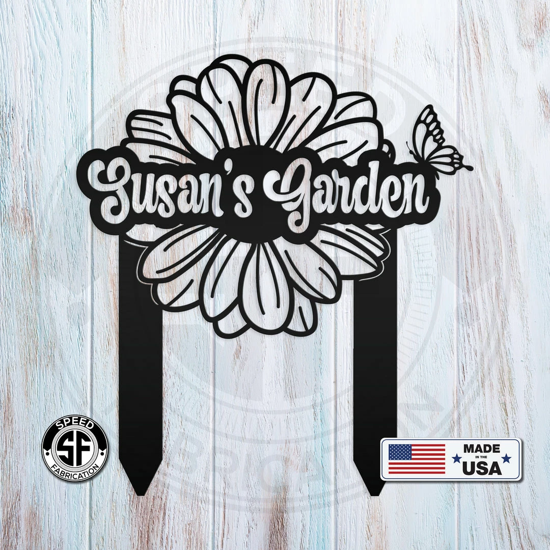 Speed Fabrication Personalized Flower And Butterfly Garden Metal Yard Stake Sign