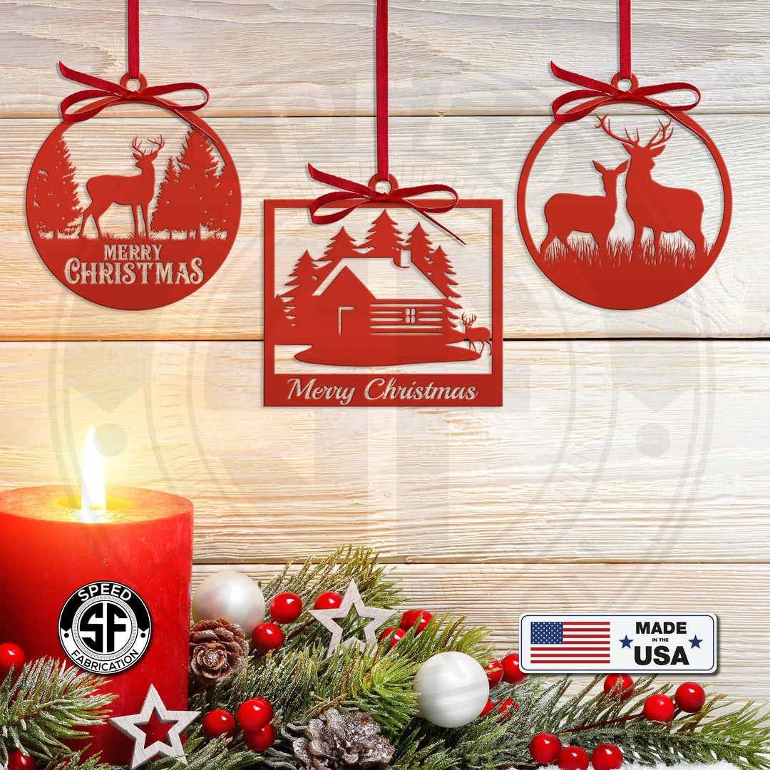 Speed Fabrication Assorted Outdoor Cabin, Deer And Doe Merry Christmas Metal Ornaments