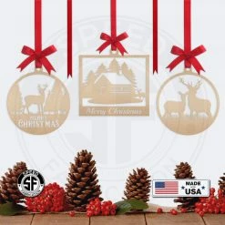Speed Fabrication Assorted Outdoor Cabin, Deer And Doe Merry Christmas Metal Ornaments