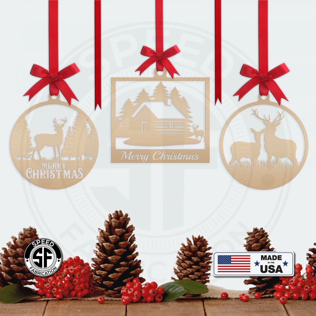Speed Fabrication Assorted Outdoor Cabin, Deer And Doe Merry Christmas Metal Ornaments