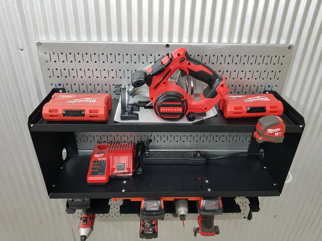 Speed Fabrication Most Popular Double Metal Shelf Tool Organizer With Battery Rack And Power Strip -Univeral Brands