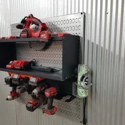 Speed Fabrication Most Popular Double Metal Shelf Tool Organizer With Battery Rack And Power Strip -Univeral Brands