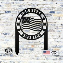 Speed Fabrication Outdoor Patio/Lawn Metal Signs American Flag Lawn Stake- God Bless America - Christian Lawn Ornament