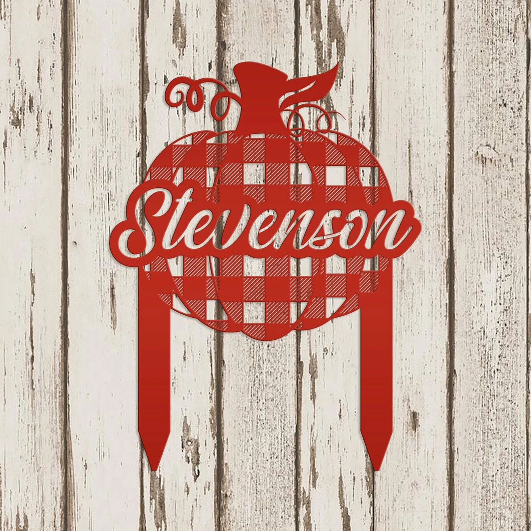Speed Fabrication Fall/Autumn Metal Signs Custom Plaid Pumpkin Metal Yard Stake - Autumn Decor - Last Name Fall Sign