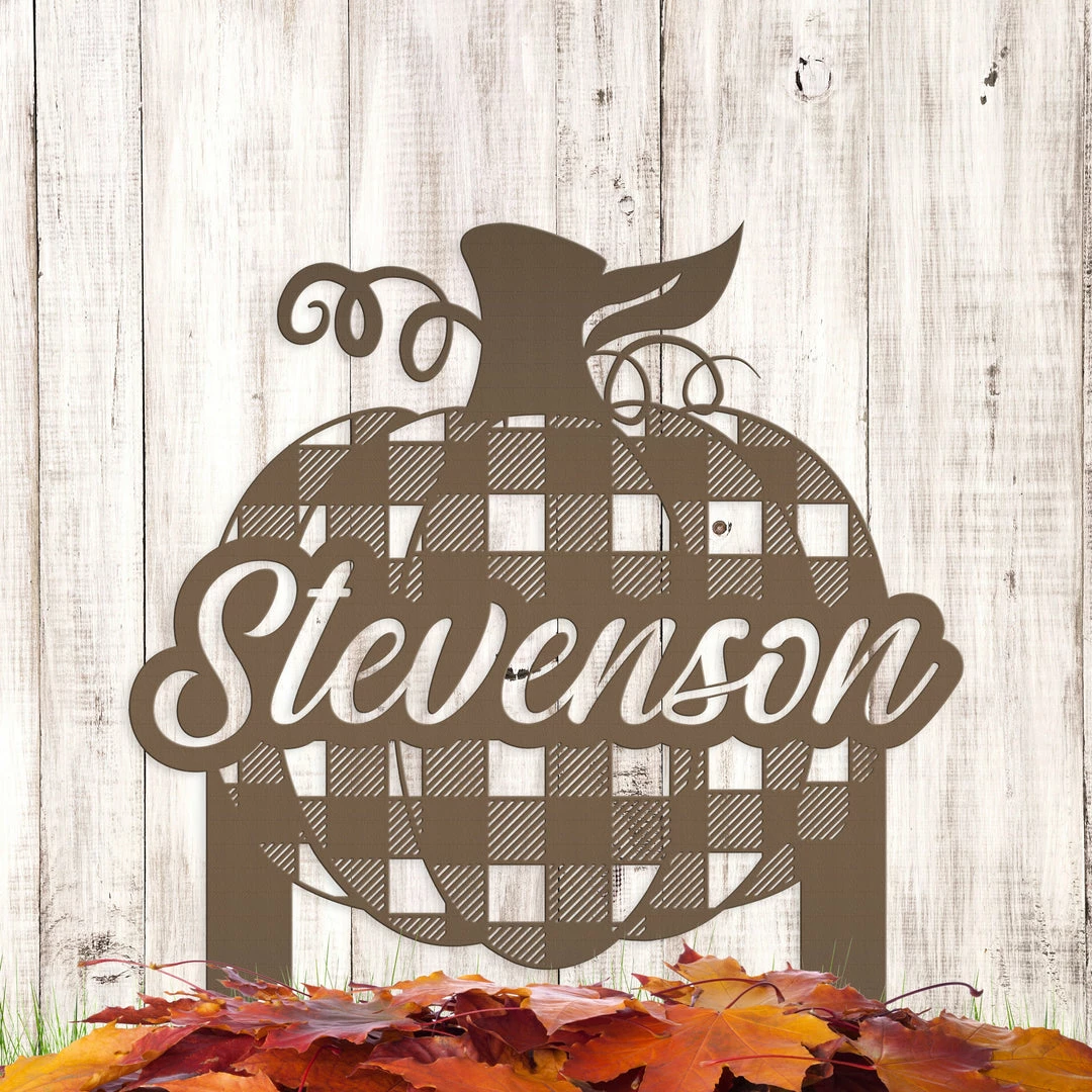 Speed Fabrication Fall/Autumn Metal Signs Custom Plaid Pumpkin Metal Yard Stake - Autumn Decor - Last Name Fall Sign