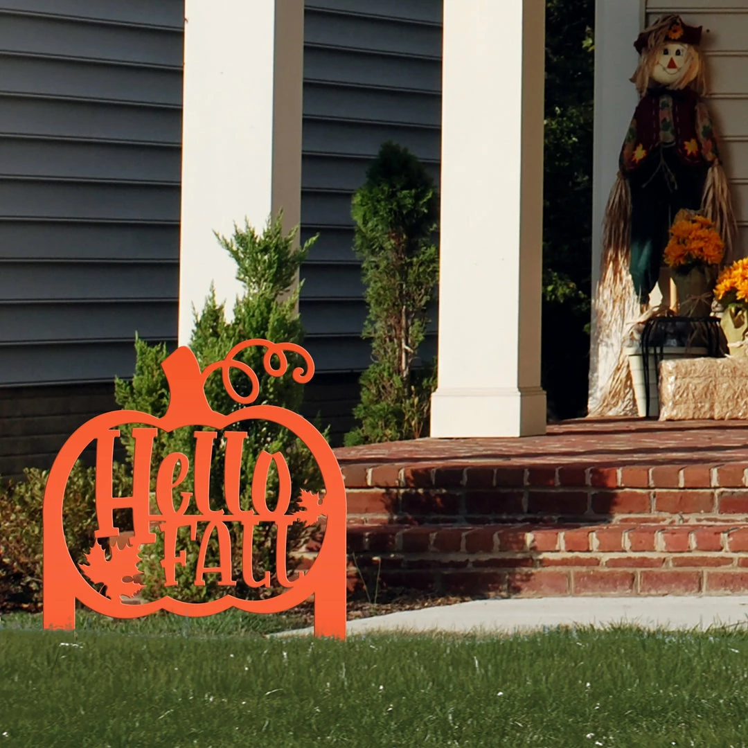 Speed Fabrication Fall/Autumn Metal Signs Hello Fall Pumpkin Metal Yard Stake