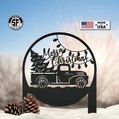 Speed Fabrication Christmas Metal Signs Merry Christmas Truck Metal Yard Stake - Outdoor Christmas Decor