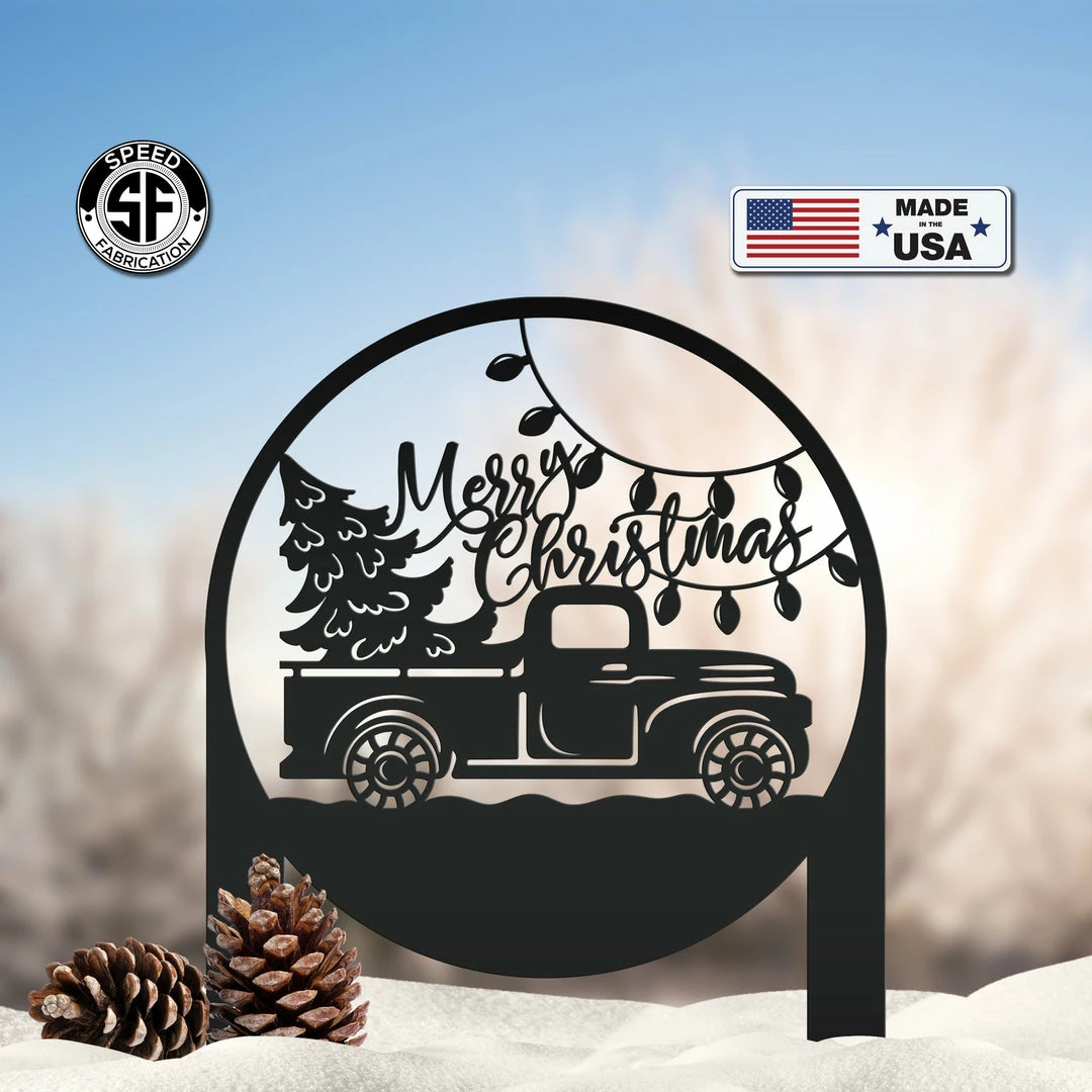 Speed Fabrication Christmas Metal Signs Merry Christmas Truck Metal Yard Stake - Outdoor Christmas Decor