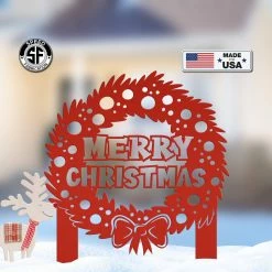 Speed Fabrication Christmas Metal Signs Metal Christmas Wreath Metal Yard Stake, Holiday Decor, Outdoor Christmas Decorations