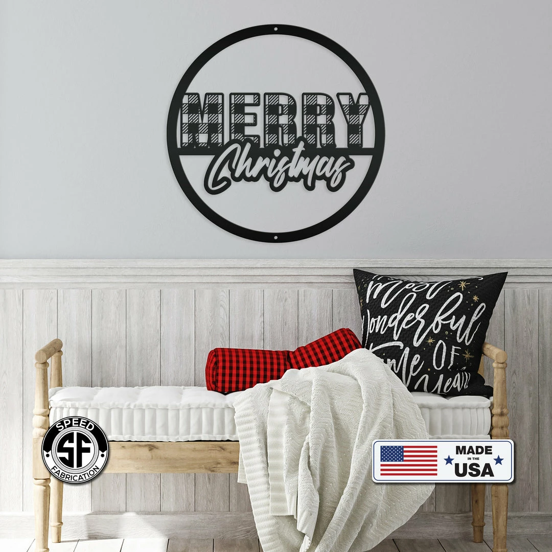 Speed Fabrication Christmas Metal Signs Plaid Merry Christmas Metal Sign - Holiday Sign