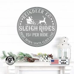 Speed Fabrication Santa Sleigh Sign, Vintage Looking Metal Christmas Decor, Reindeer Sign Christmas Metal Signs