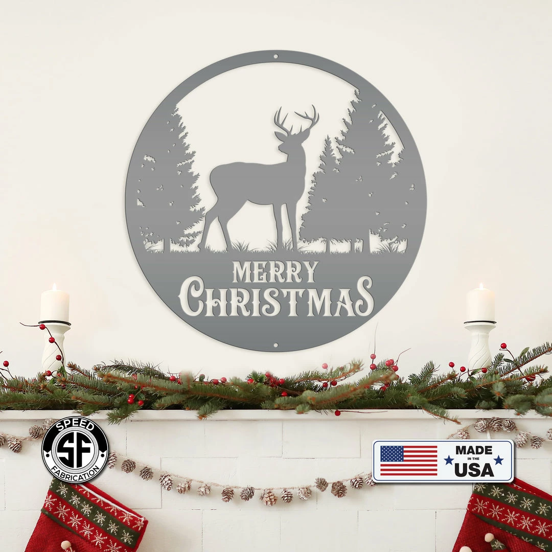 Speed Fabrication Metal Merry Christmas Deer Sign, Outdoor Holiday Sign, Indoor Christmas Decor Christmas Metal Signs