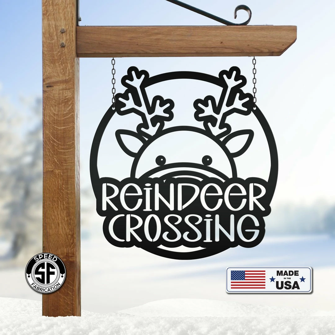 Speed Fabrication Reindeer Crossing Metal Sign, Funny Holiday Sign, Holiday Decor Christmas Metal Signs