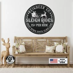 Speed Fabrication Santa Sleigh Sign, Vintage Looking Metal Christmas Decor, Reindeer Sign Christmas Metal Signs