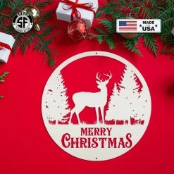 Speed Fabrication Metal Merry Christmas Deer Sign, Outdoor Holiday Sign, Indoor Christmas Decor Christmas Metal Signs