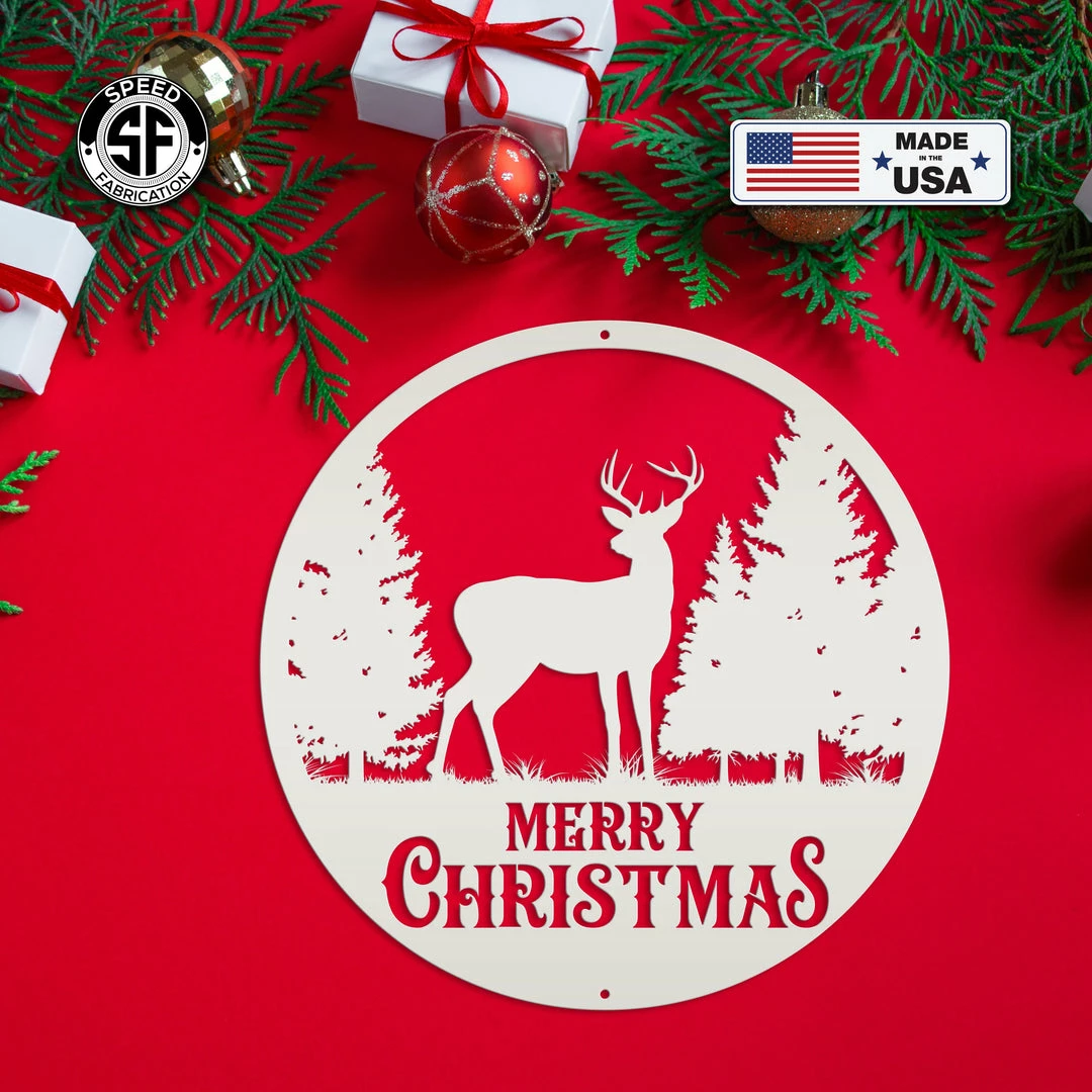 Speed Fabrication Metal Merry Christmas Deer Sign, Outdoor Holiday Sign, Indoor Christmas Decor Christmas Metal Signs