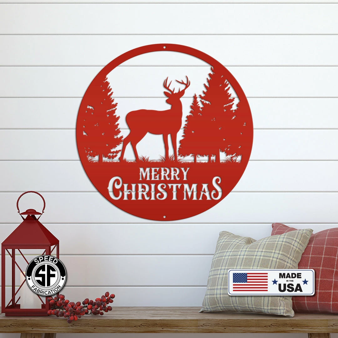 Speed Fabrication Metal Merry Christmas Deer Sign, Outdoor Holiday Sign, Indoor Christmas Decor Christmas Metal Signs